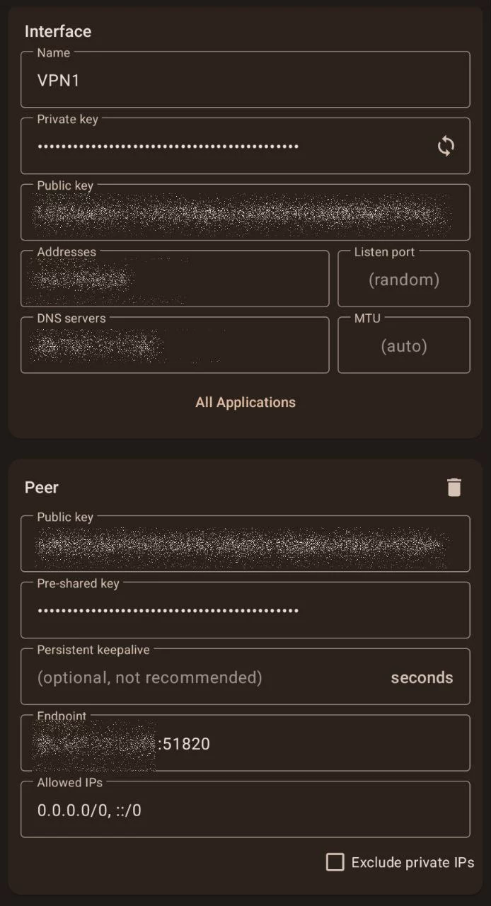 Schermata configurazione WireGuard